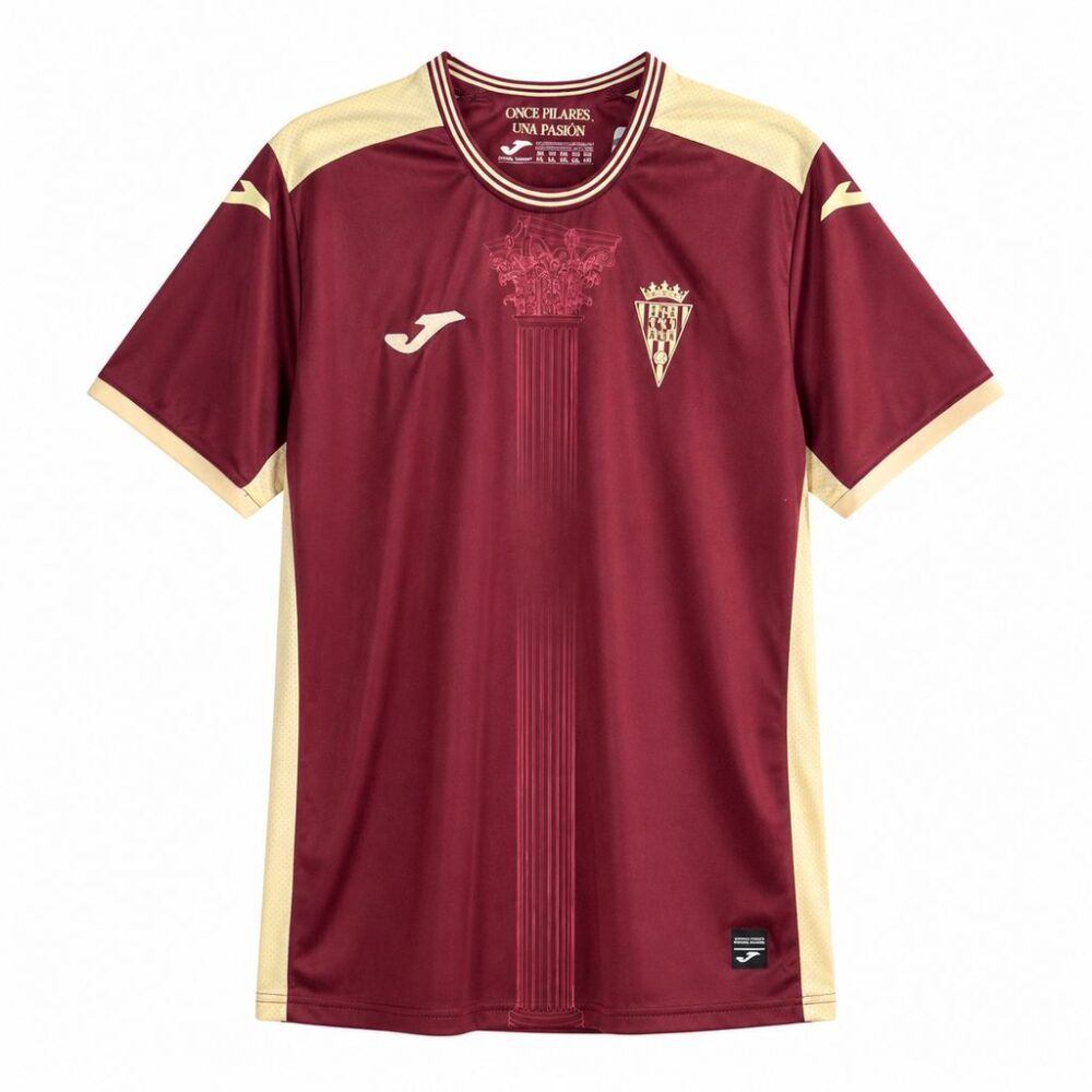 Nueva camiseta Córdoba CF 26-27 tercera equipación roja dibujo columna romana